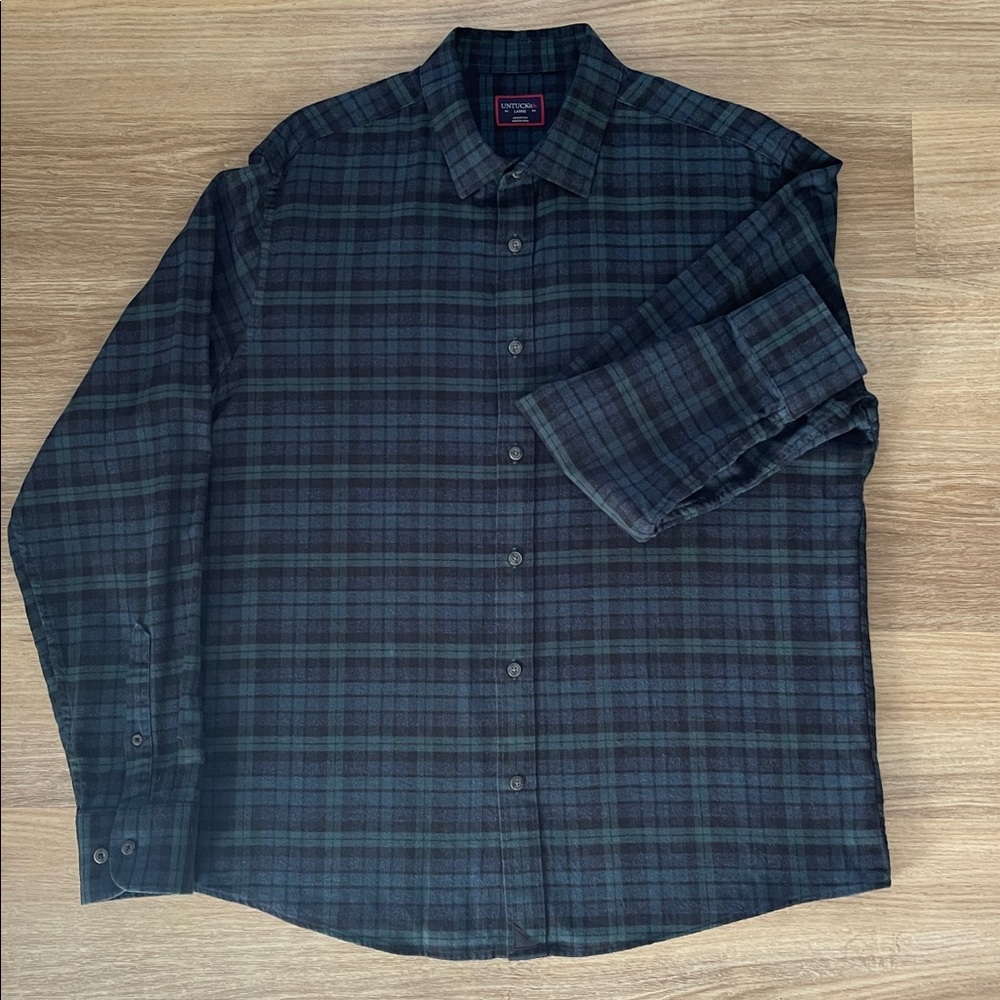 Untuckit Navy and Forest Green plaid flannel shirt
